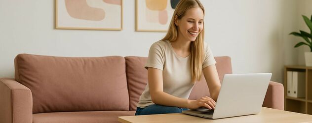 eine junge Frau sitzt in ihrem Wohnzimmer am Laptop und lächelt