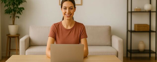 Frau sitzt an einem Laptop in einem modernen Wohnzimmer