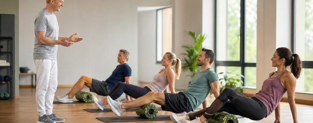 ein Faszientrainer steht in einem Fitnessraum und leitet vier Menschen beim Faszientraining an