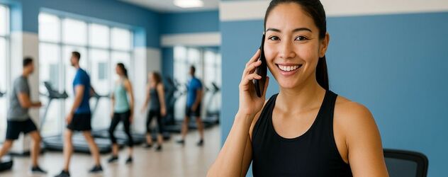 eine Aerobic Trainerin steht am Tresen eines Fitnessstudios und telefoniert