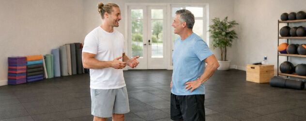 ein Functional Trainer erklärt einem Klienten in einem Fitnessraum etwas