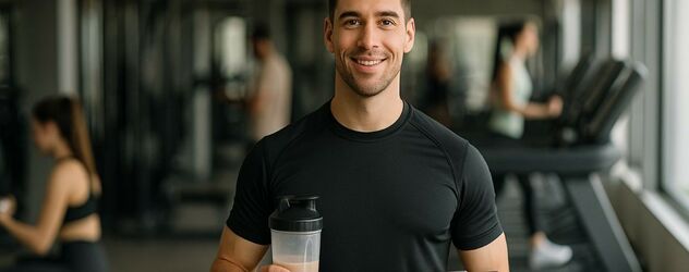 ein Supplement Coach steht in einem Fitnessstudio mit einem Proteinshake und einem Klemmbrett in den Händen