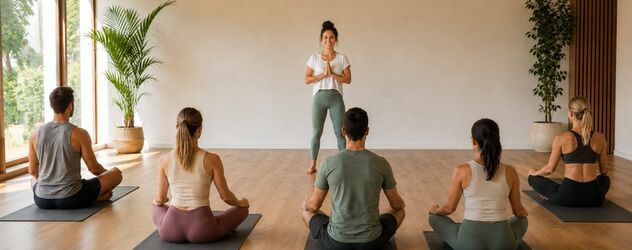 Eine Yoga Trainerin steht vor ihrer Gruppe und lächelt