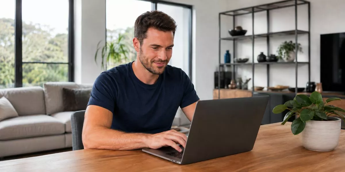 Eine männliche sportliche Person sitzt an einem Laptop