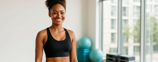 eine Aerobic Trainerin steht in einem Trainingsraum und lächelt in die Kamera