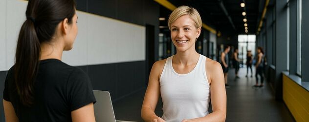 eine Aerobic Trainerin spricht an einem Tresen in einem Fitnessstudio mit einer neuen Kundin