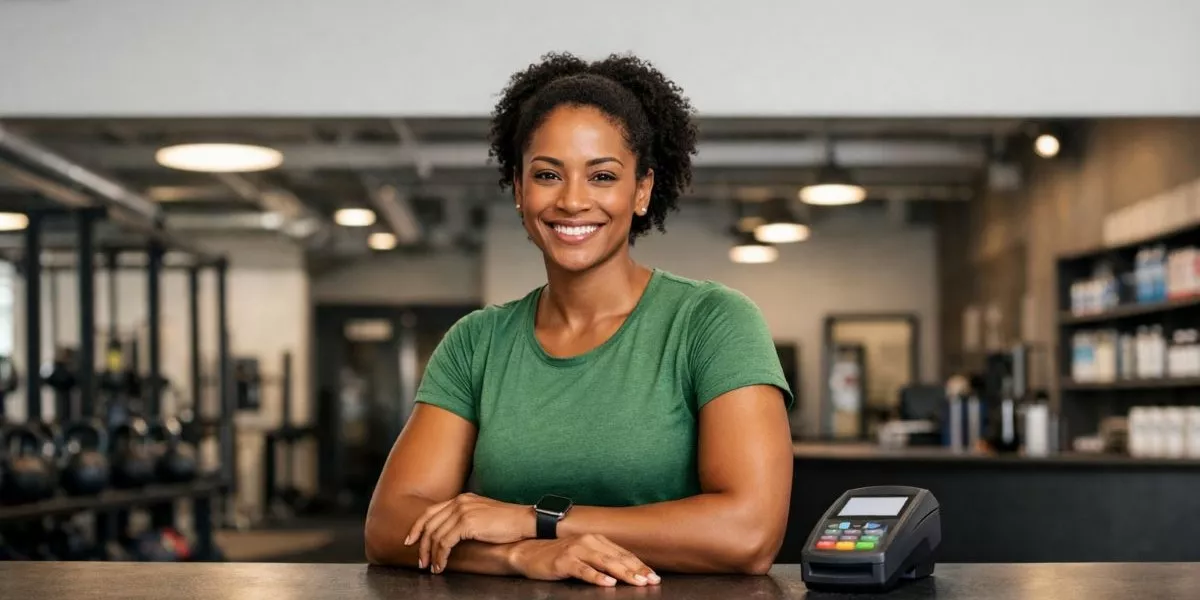 eine Functional Trainerin steht am Tresen eines Fitnessstudios, auf dem eine Kartelesegerät steht