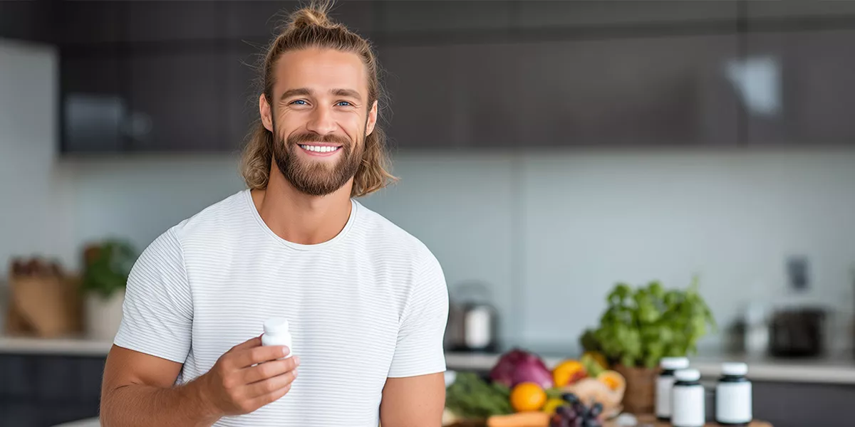 ein selbstständiger Supplement Coach steht in seiner Küche und lächelt in die Kamera