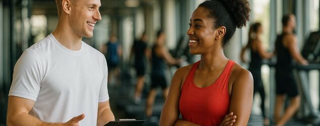 ein Supplement Coach erklärt einer Kundin im Fitessstudio etwas