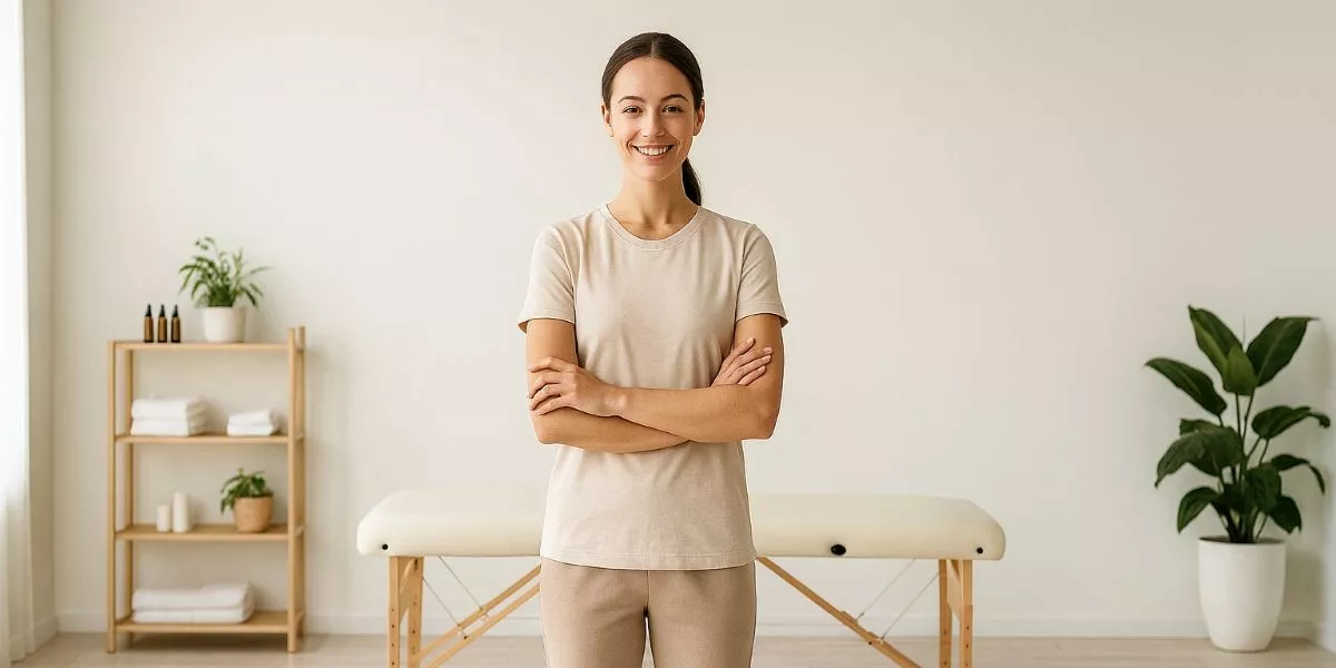 Masseurin steht vor einer Massageliege in einer Praxis