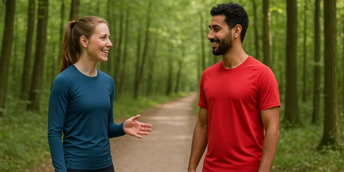 eine Lauftrainerin erklärt ihrem Klienten auf einem Lauftrail im Wald etwas