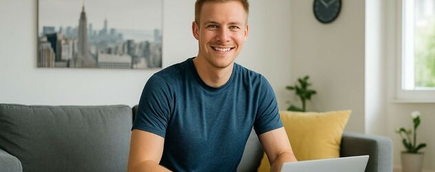 ein junger sportlicher Mann sitzt auf einem Sofa vor seinem Laptop und lächelt in die Kamera