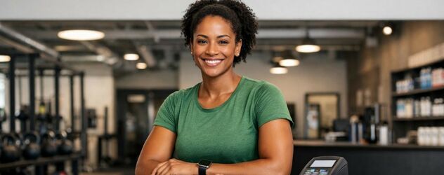eine Functional Trainerin steht am Tresen eines Fitnessstudios, auf dem eine Kartelesegerät steht