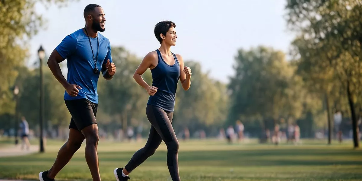 ein Lauftrainer und seine Klientin laufen durch einen Park