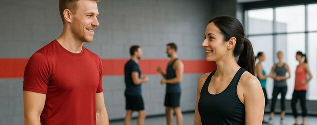 Ein selbstständiger Aerobic Trainer unterhält sich mit einer Kursteilnehmerin in einem Sportraum