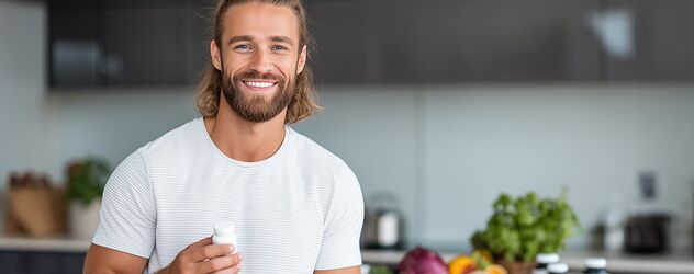 ein selbstständiger Supplement Coach steht in seiner Küche und lächelt in die Kamera