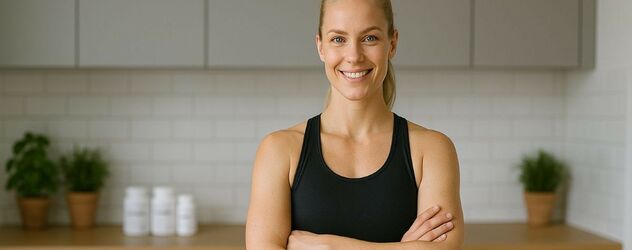 eine sportliche Frau steht in ihrer Küche vor Dosen mit Supplements und lächelt in die Kamera
