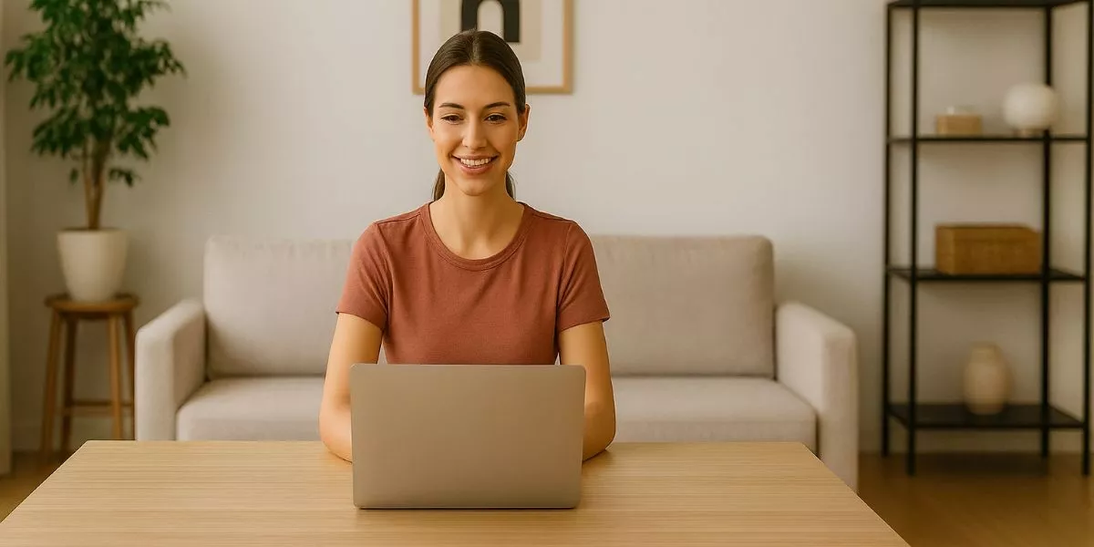 Frau sitzt an einem Laptop in einem modernen Wohnzimmer