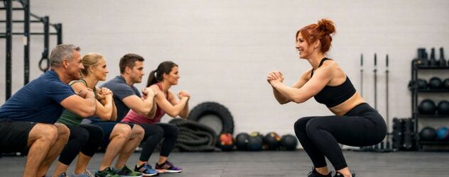 eine selbstständige Functional Trainerin macht Squats mit ihren vier Kursteilnehmern
