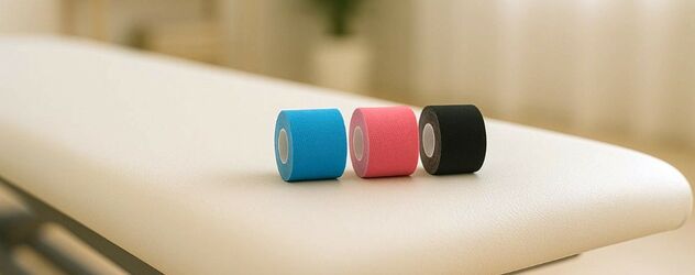 auf einer Physiotherapieliege liegen drei kinesiologisches Tapes