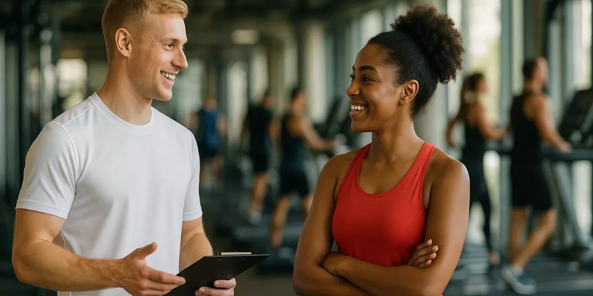 ein Supplement Coach erklärt einer Kundin im Fitessstudio etwas