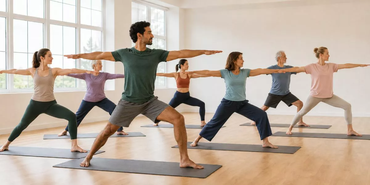 Eine Gruppe von Personen übt gemeinsam in einem Yogastudio auf Yogamatten