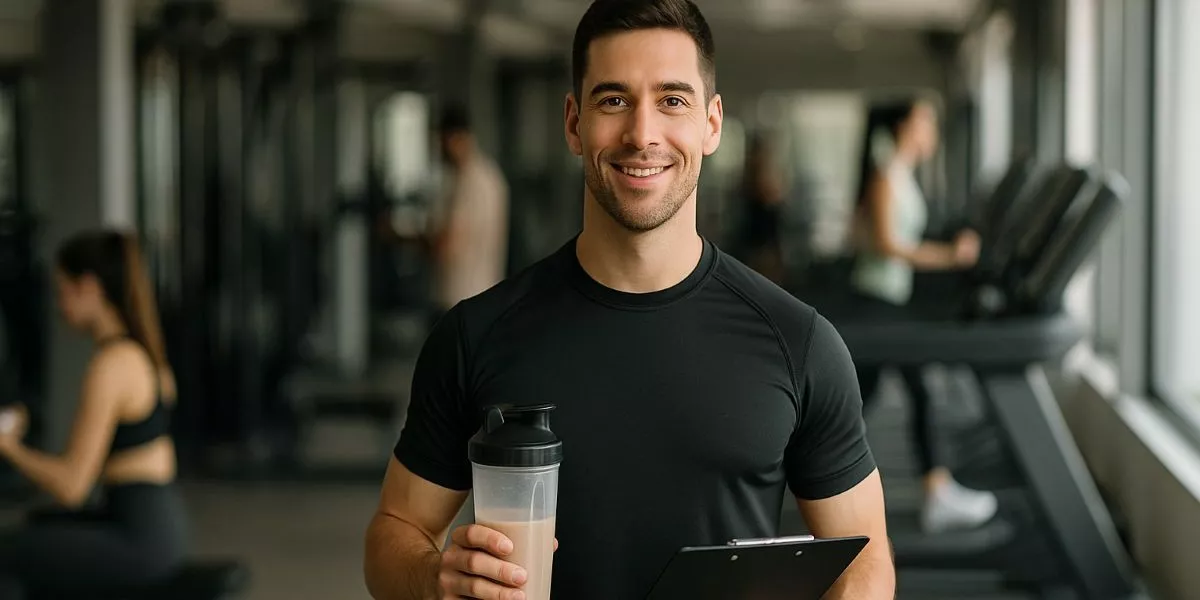 ein Supplement Coach steht in einem Fitnessstudio mit einem Proteinshake und einem Klemmbrett in den Händen