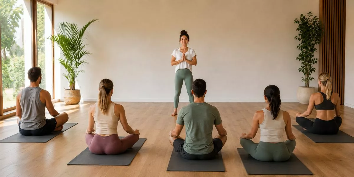 Eine Yoga Trainerin steht vor ihrer Gruppe und lächelt