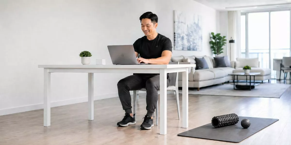 ein Absolvent einer Faszientrainer Ausbildung sitzt am Laptop und lernt