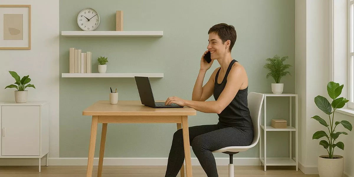 eine nebenberufliche Lauftrainer sitzt an Ihrem Schreibtisch und telefoniert