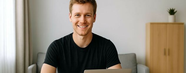 Mann sitzt an einem Laptop in einem modernen Wohnzimmer