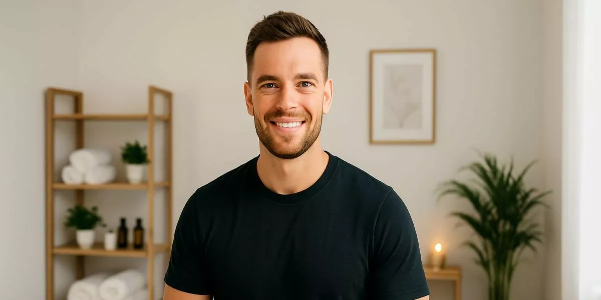 Wellness Masseur steht in einem modernen Massagestudio