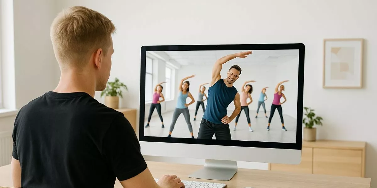 Ein junger sportlicher Mann sitzt am Laptop und recherchiert zur Aerobic Trainer Ausbildung