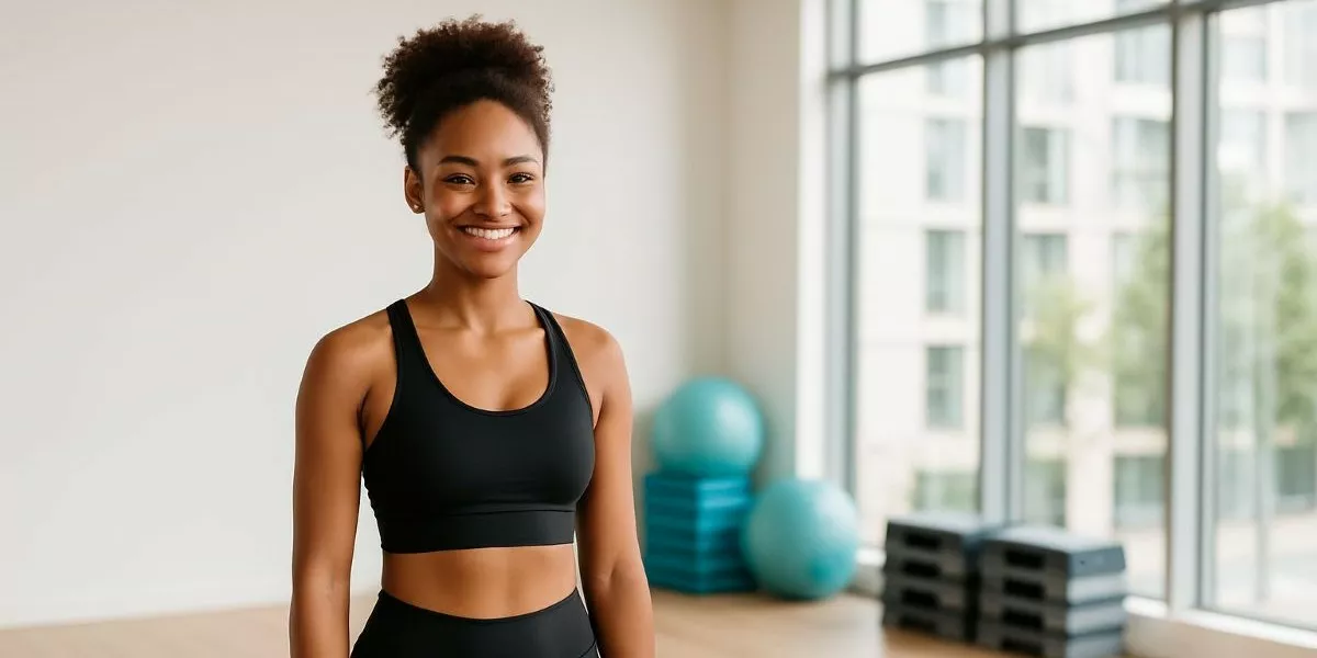 eine Aerobic Trainerin steht in einem Trainingsraum und lächelt in die Kamera