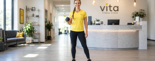 eine nebenberufliche Faszientrainerin steht in einem Fitnessstudio und lächelt in die Kamera