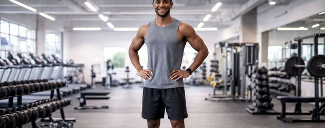 ein Functional Trainer steht lächelnd in einem Fitnessstudio