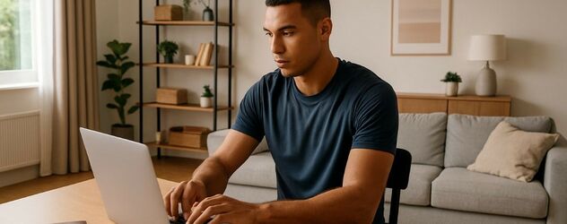 ein sportlicher Mann recherchiert die am Laptop die Kosten der Lauftrainer Ausbildung