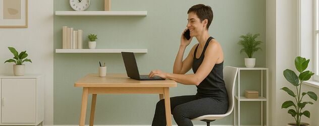 eine nebenberufliche Lauftrainer sitzt an Ihrem Schreibtisch und telefoniert