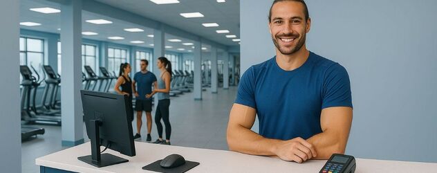 ein Rückenkursleiter steht an einem Tresen im Gym und lächelt in die Kamera