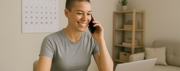 eine nebenberufliche Rückenkursleiterin sitzt an ihrem Schreibtisch vor ihrem Laptop und telefoniert lächelnd