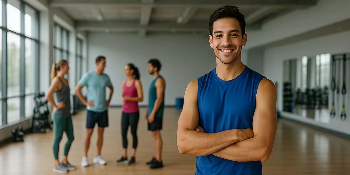 ein Aerobic Trainer steht in einem Trainingsraum, hinter ihm stehen vier Aerobic-Kursteilnehmer