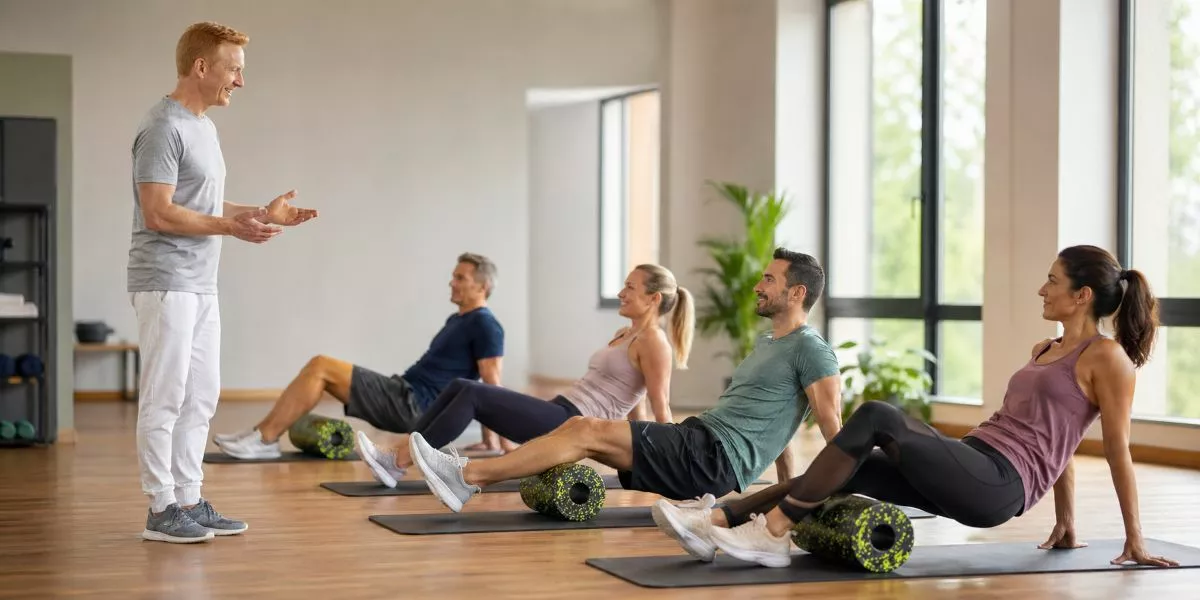 ein Faszientrainer steht in einem Fitnessraum und leitet vier Menschen beim Faszientraining an