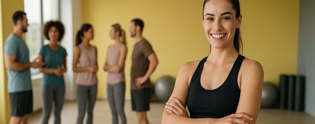 eine Rückenkursleiterin steht in einem Trainingsraum und lächelt in die Kamera