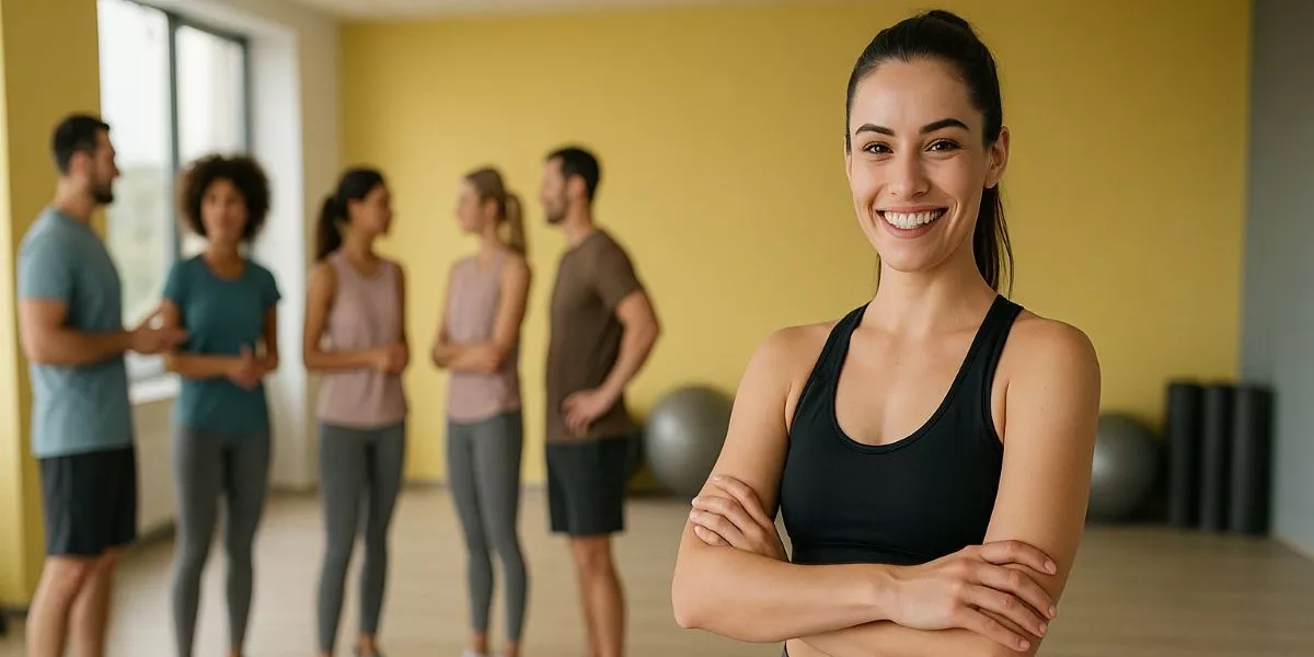 eine Rückenkursleiterin steht in einem Trainingsraum und lächelt in die Kamera