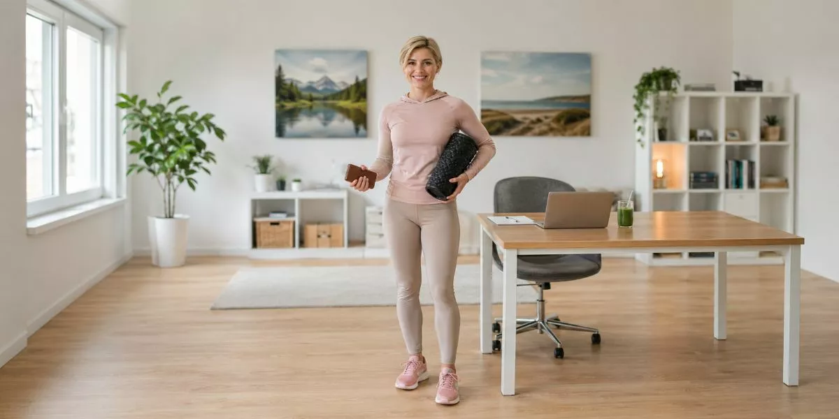 eine junge Frau steht mit einer Faszienrolle unter dem Arm und einem Portemonnaie in der Hand neben ihrem Schreibtisch samt Laptop.