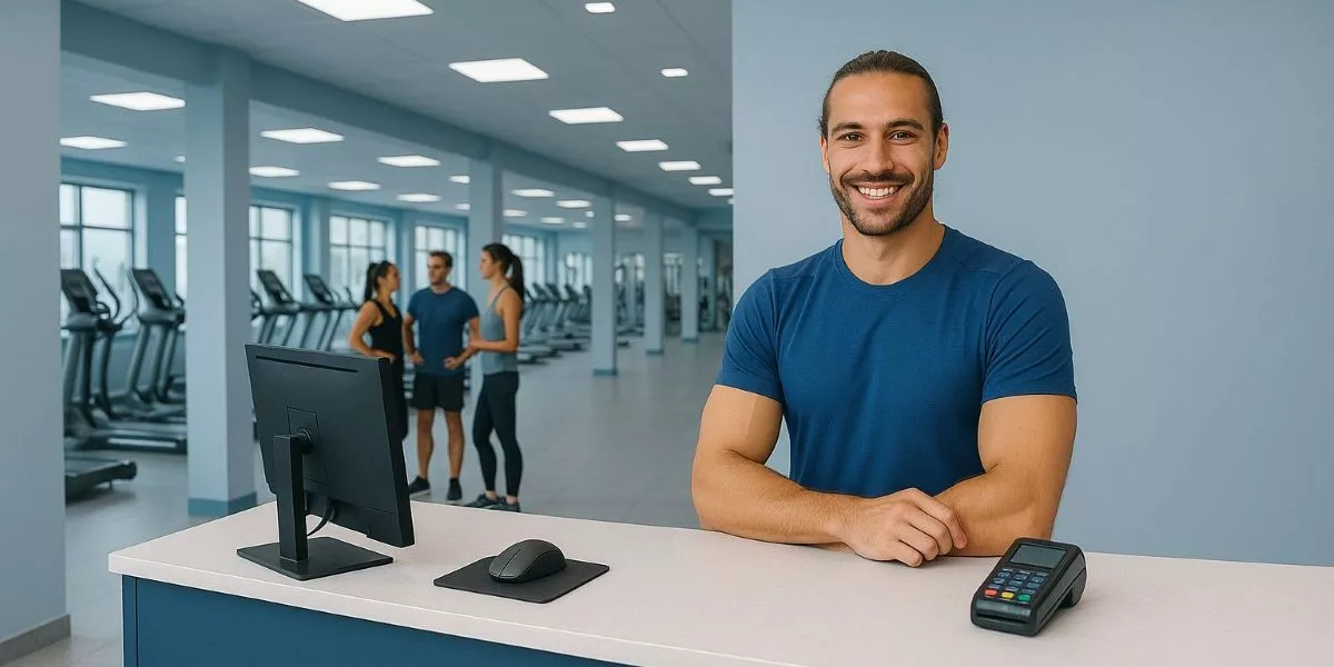 ein Rückenkursleiter steht an einem Tresen im Gym und lächelt in die Kamera
