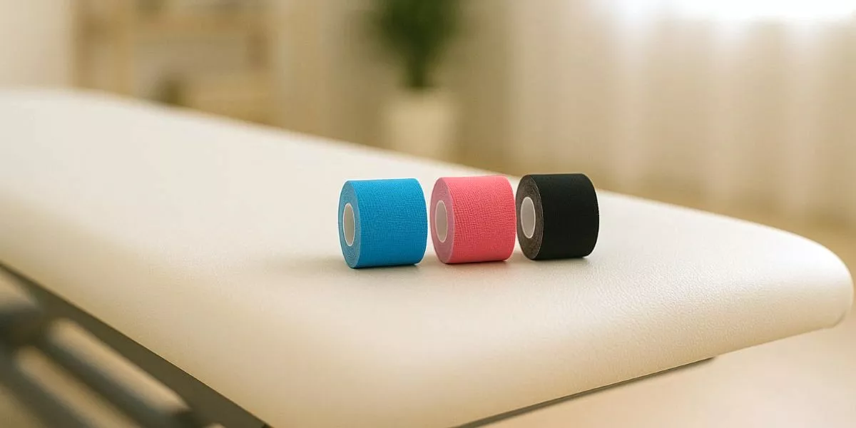 auf einer Physiotherapieliege liegen drei kinesiologisches Tapes