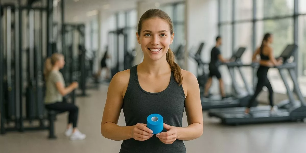 ein weiblicher Taping Coach steht in einem Gym und lächelt in die Kamera