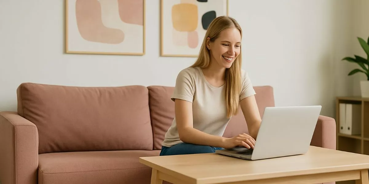 eine junge Frau sitzt in ihrem Wohnzimmer am Laptop und lächelt