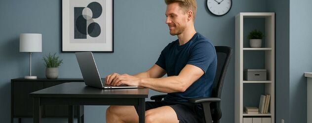 ein sportlicher Mann sitzt am Laptop und macht eine Lauftrainer Ausbildung